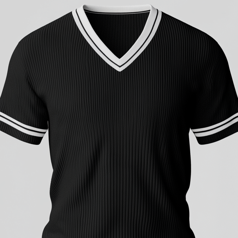 Men's Contrast Color Stripes V Neck Short Sleeve Rib Knitted T-Shirt