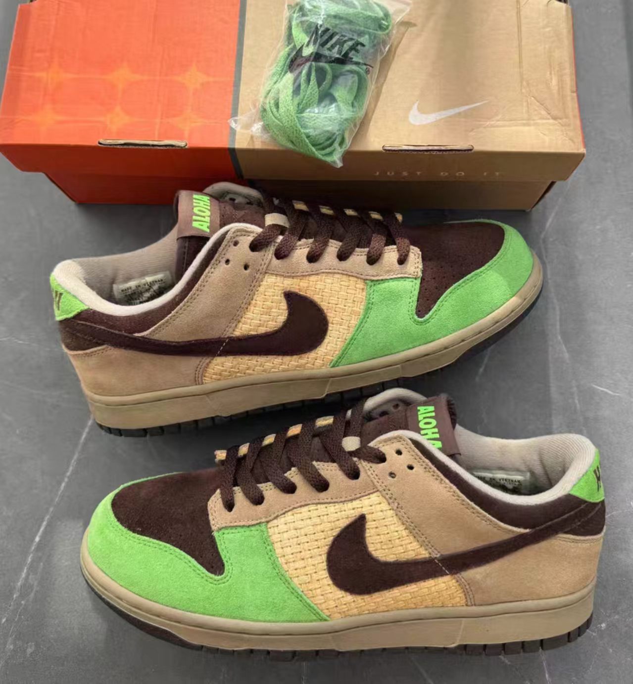 Nike Dunk Low Green Beige Woven Panel Brown Swoosh