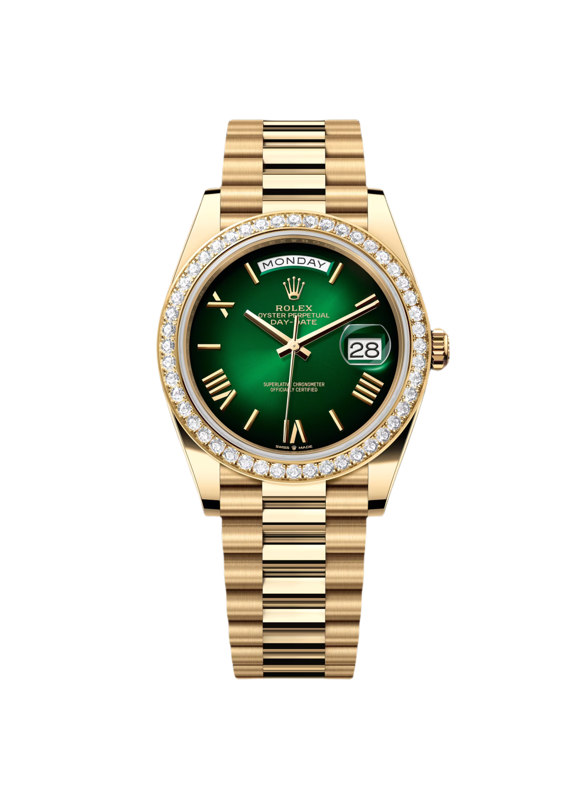 [2026 Mirror Grade]RLX Day-Date President 40mm Yellow Gold Green Ombre Dial Diamond Bezel - 228348rbr