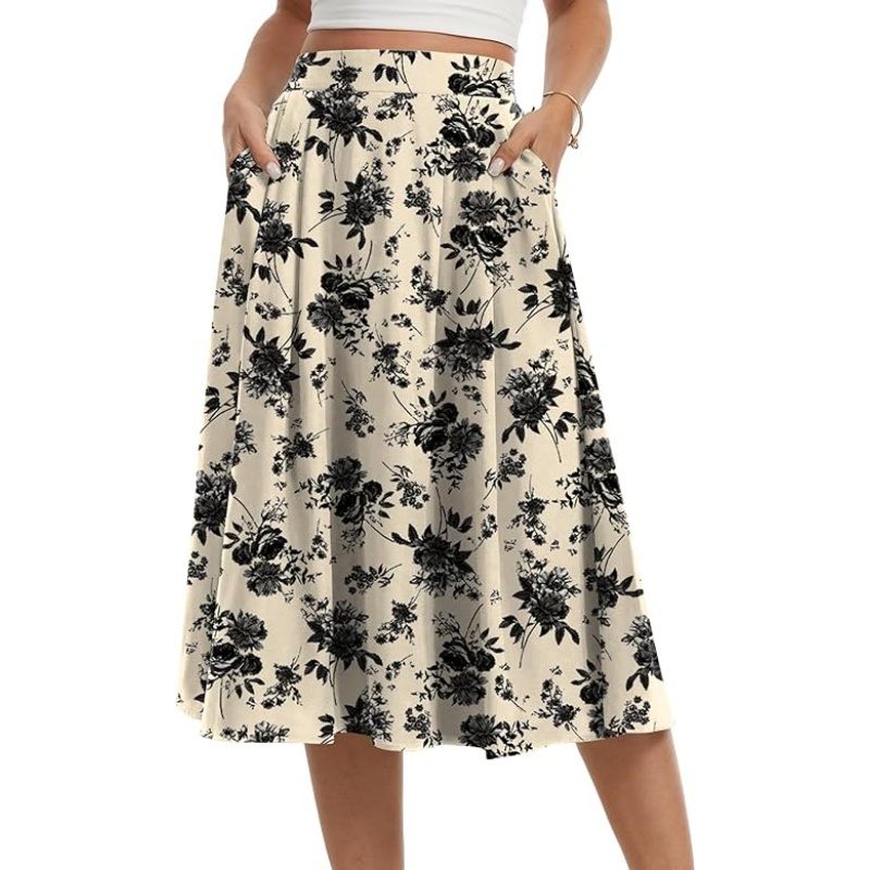 Women's Pleated High Waist A‑Line Midi Flowy Skirt with Pockets