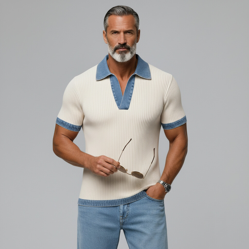 Men's Casual Ribbed Knitted Denim Contrast Trim Slim Fit Polo Shirt