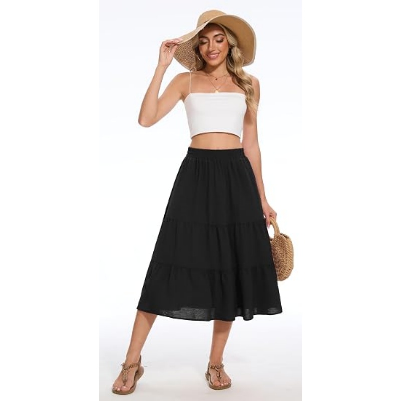 Women's Tiered Ruffle High Waist A‑Line Summer Midi Skirt