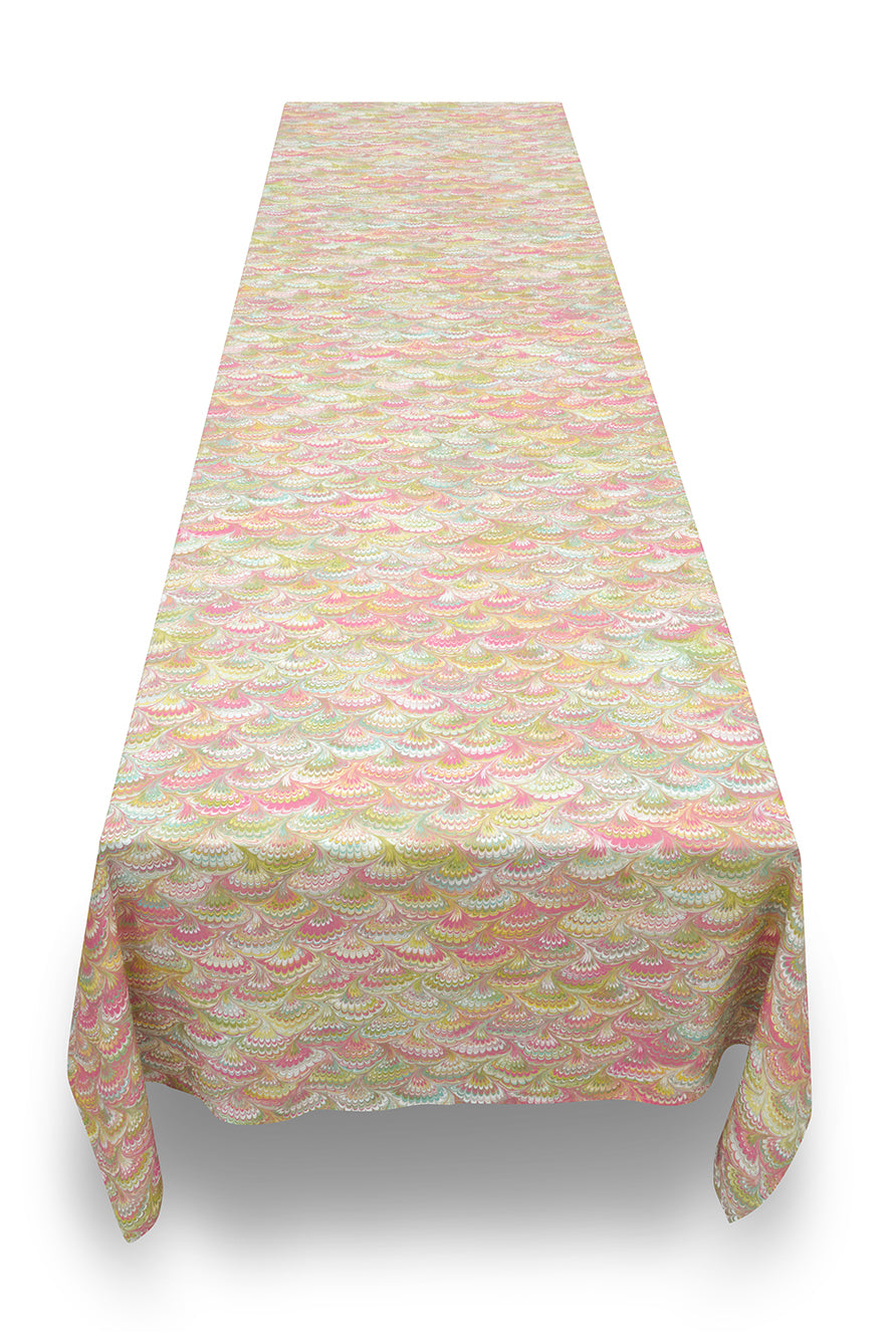 Modern Marble Pattern Rectangular Linen Tablecloth – Pink, Green & Yellow Abstract Design