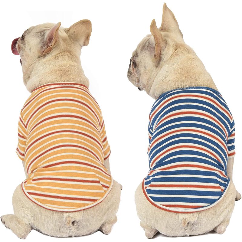 Dog Shirts Cotton Striped T-Shirt, Summer Pet Clothes for Small Dogs, 2-Pack Soft Puppy Apparel Cat Tee, Breathable Stretchy, Blue Yellow S