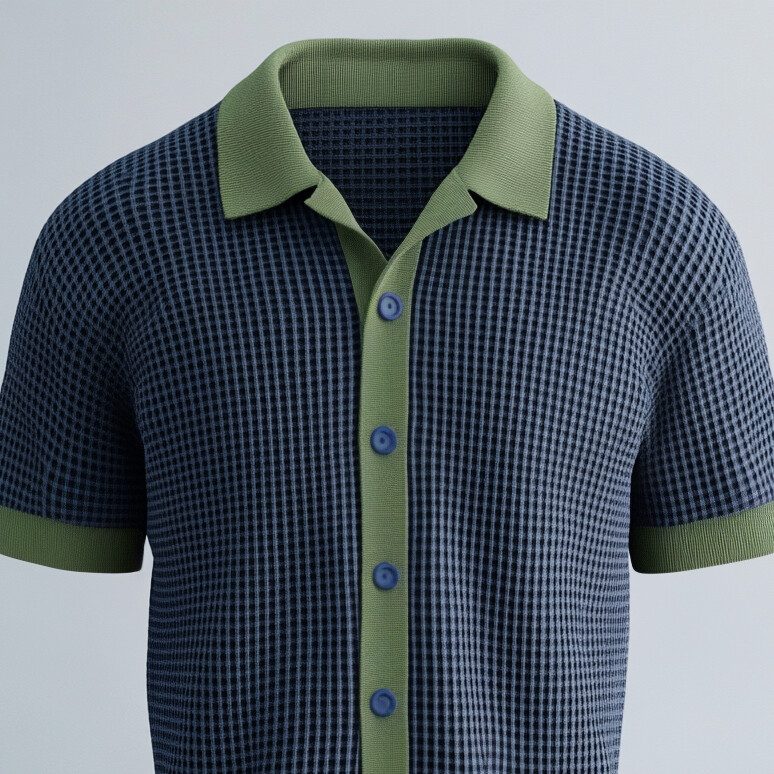 Men's Turndown Collar Short Sleeve Button Plaid Colorblock Shirt