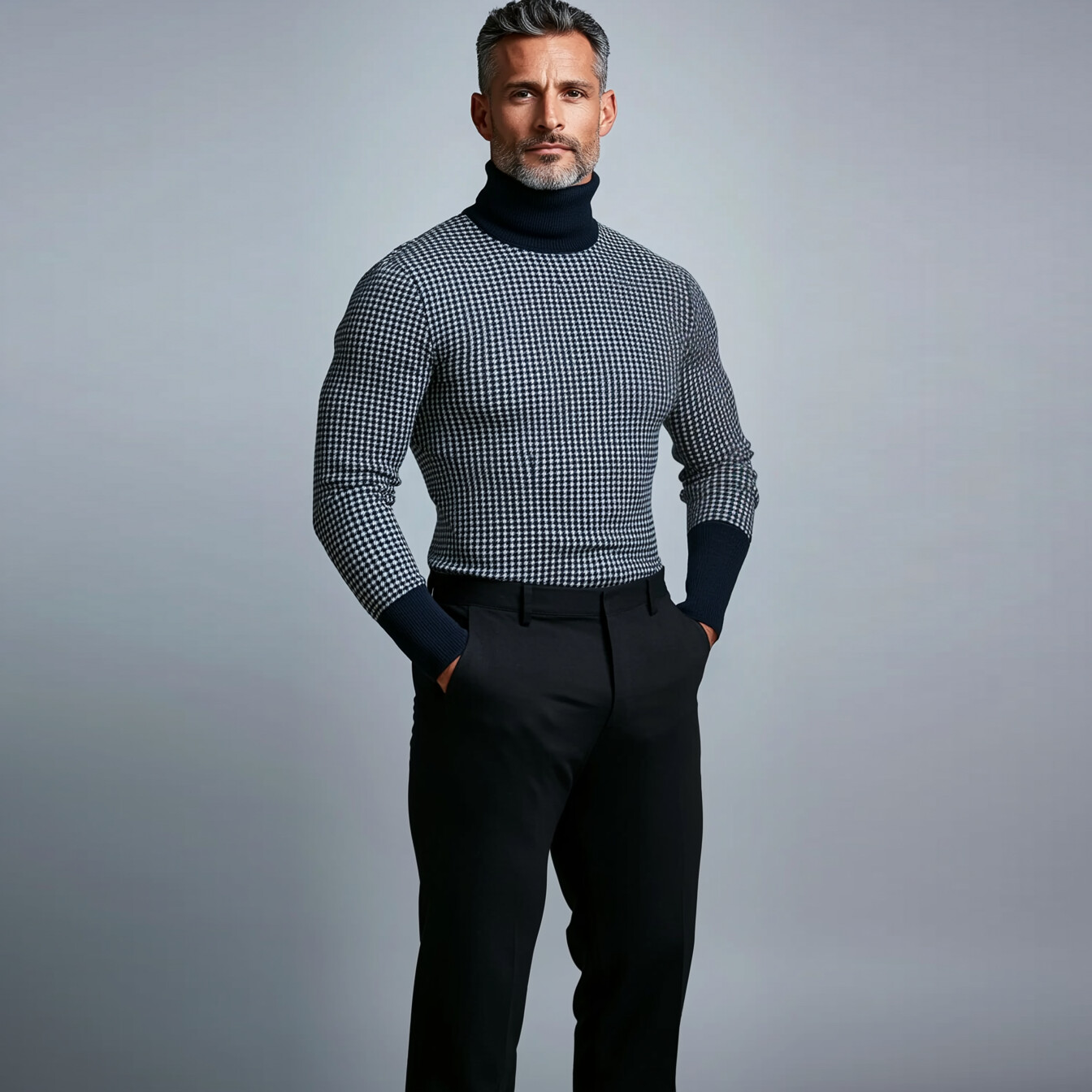 Men's High Neck Long Sleeve Houndstooth Knit Sweater