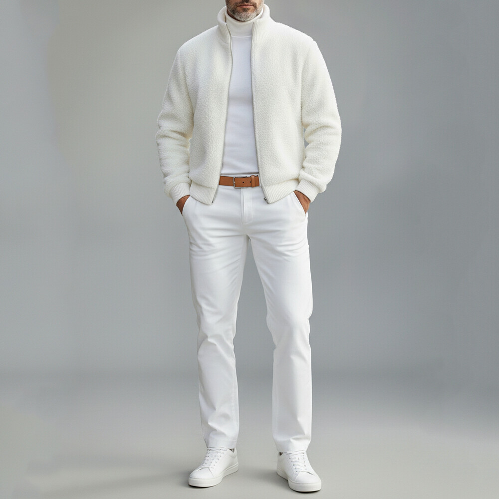 Men's White Teddy Fleece Stand Collar Long Sleeve Zip Up Jacket