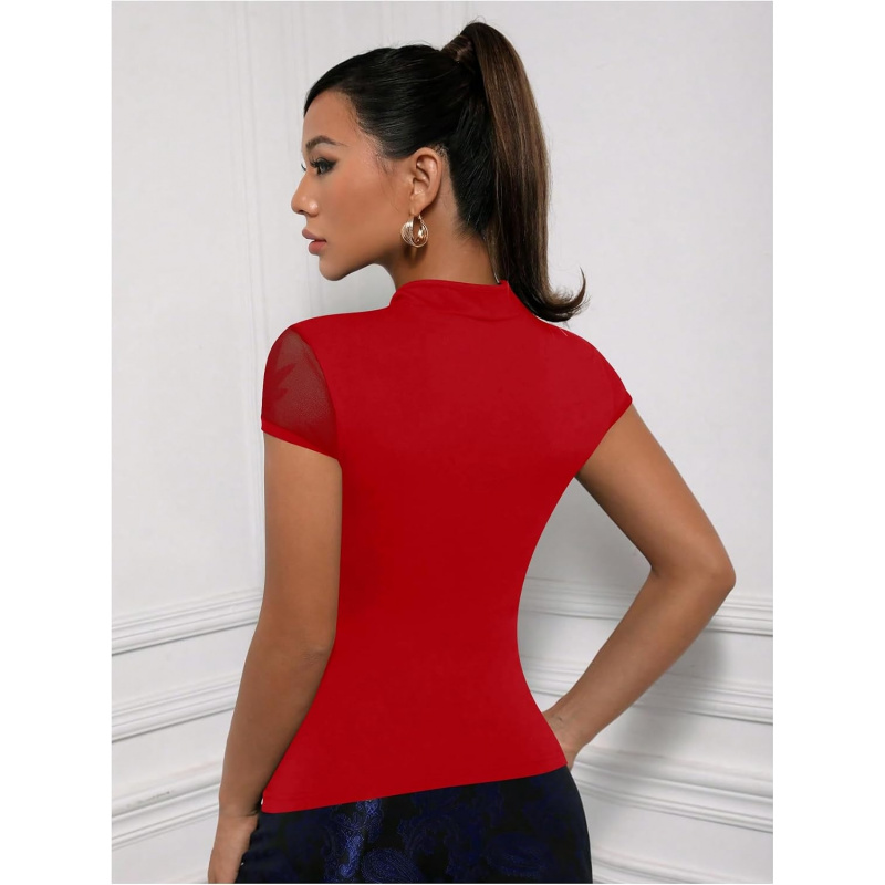 Women's Short Sleeve Stand Collar Slim Fit Tee Shirt Cheongsam Tops