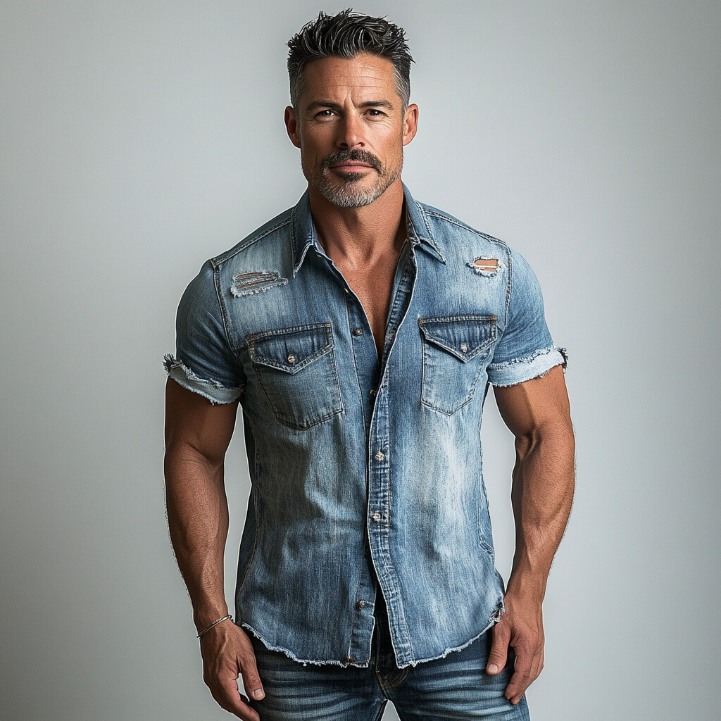 Men's Denim Ripped Turndown Collar Button Short Sleeve Shirt