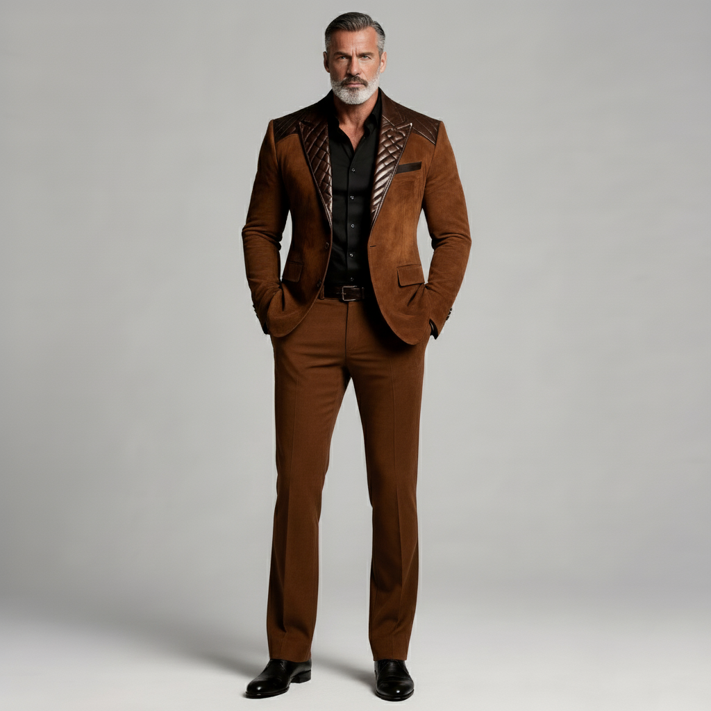 Men's Brown Quilted PU Leather Peak Lapel Long Sleeve Suede Blazer & Pocket Pants 2Pcs Set