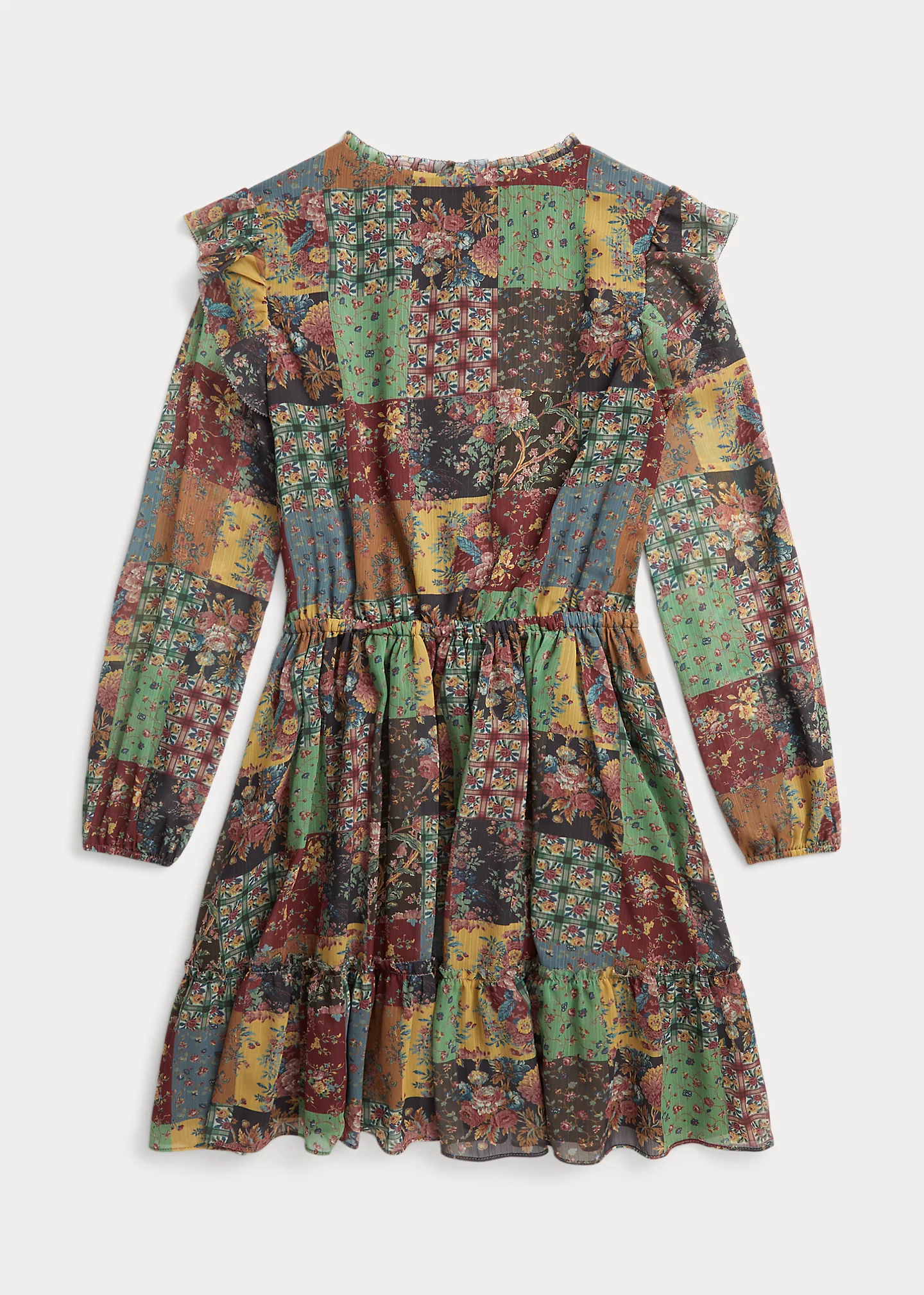 Patchwork-Print Ruffled Chiffon Dress