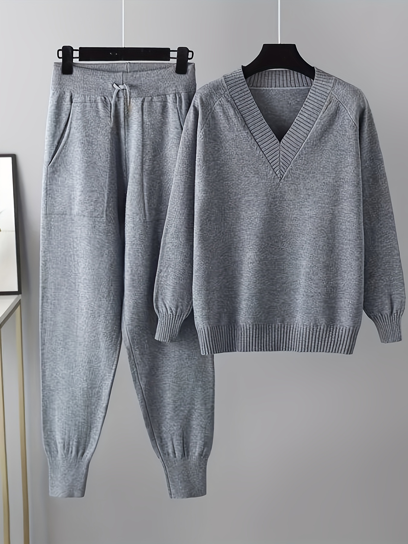 2pcs Women’s Knitwear Set, Casual V-Neck Long Sleeve Sweater and Pants, Solid Color, Comfort Fit