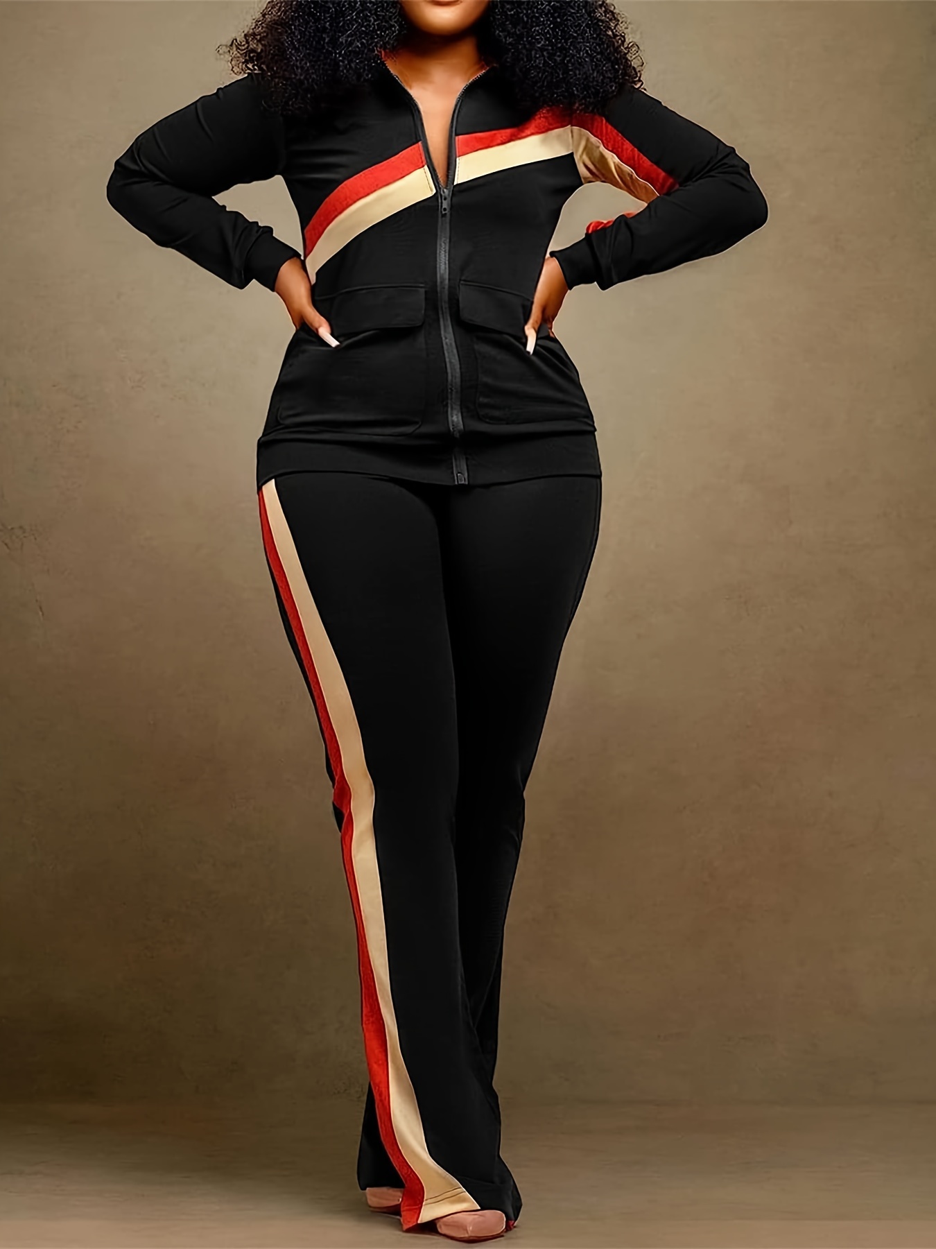 European And American Women’s Sports Casual Fashion Two-Piece Striped Stitching Suit