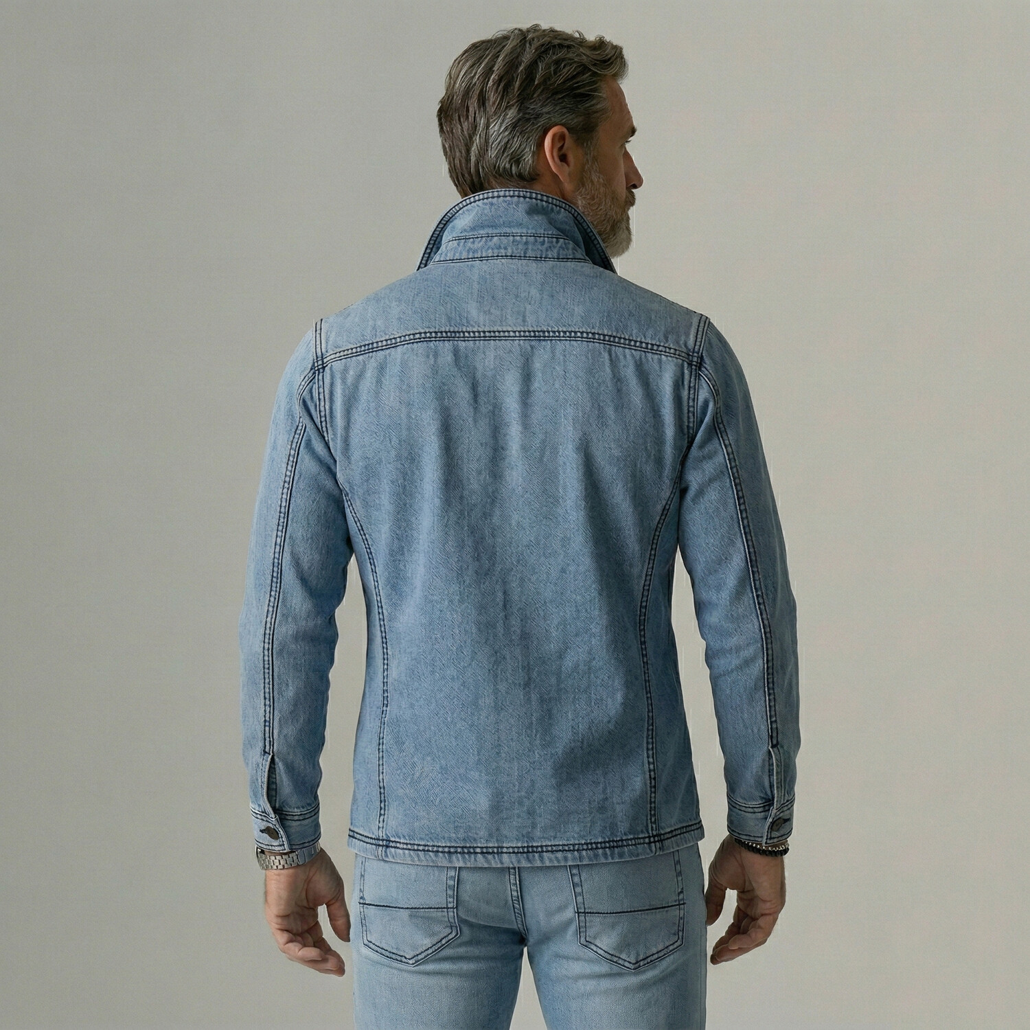 [Pre-Order] Men's Denim Lapel Collar Asymmetrical Wrap Button Contrast Stitching Long Sleeve Shirt