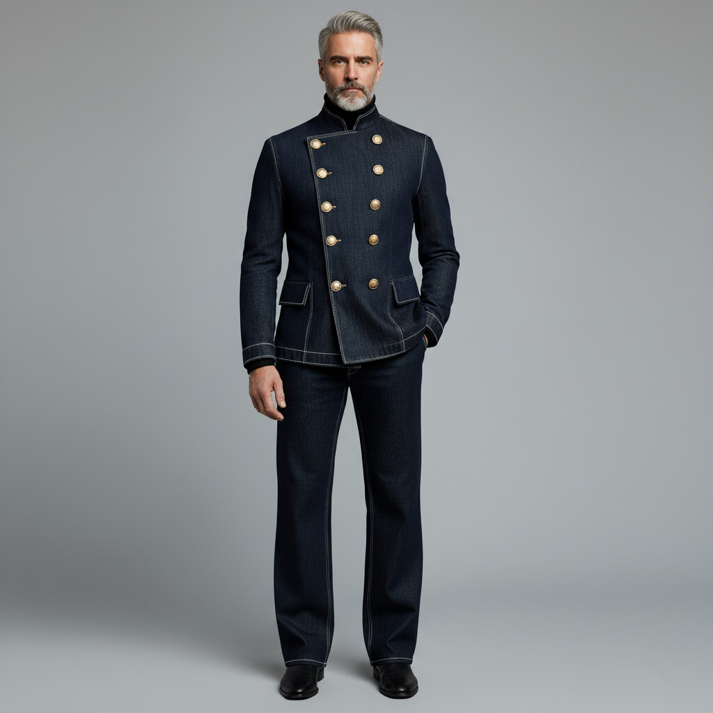 Men's Black Stand Collar Double Breasted Long Sleeve Denim Jacket & Straight Leg Jeans 2Pcs Set