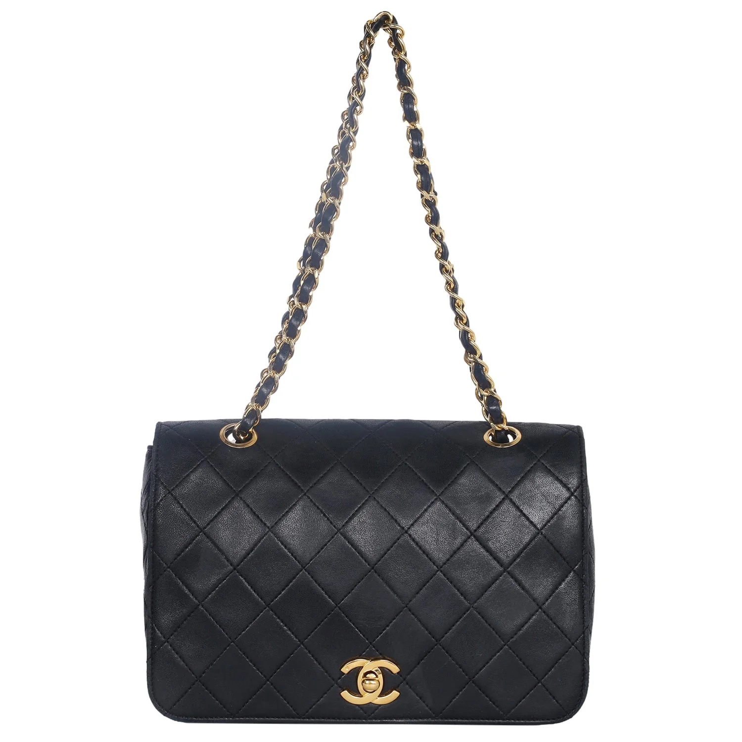Classic full flap shoulder bag in black quilted leather