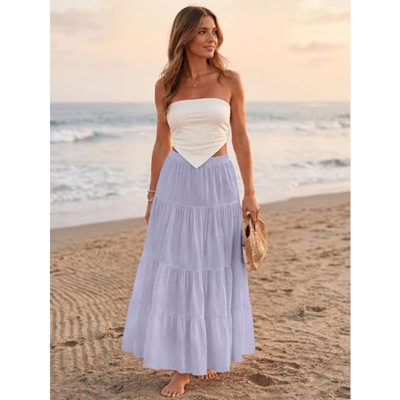 Women's White Boho High Waist Maxi Skirt, Pleated Tiered A‑Line