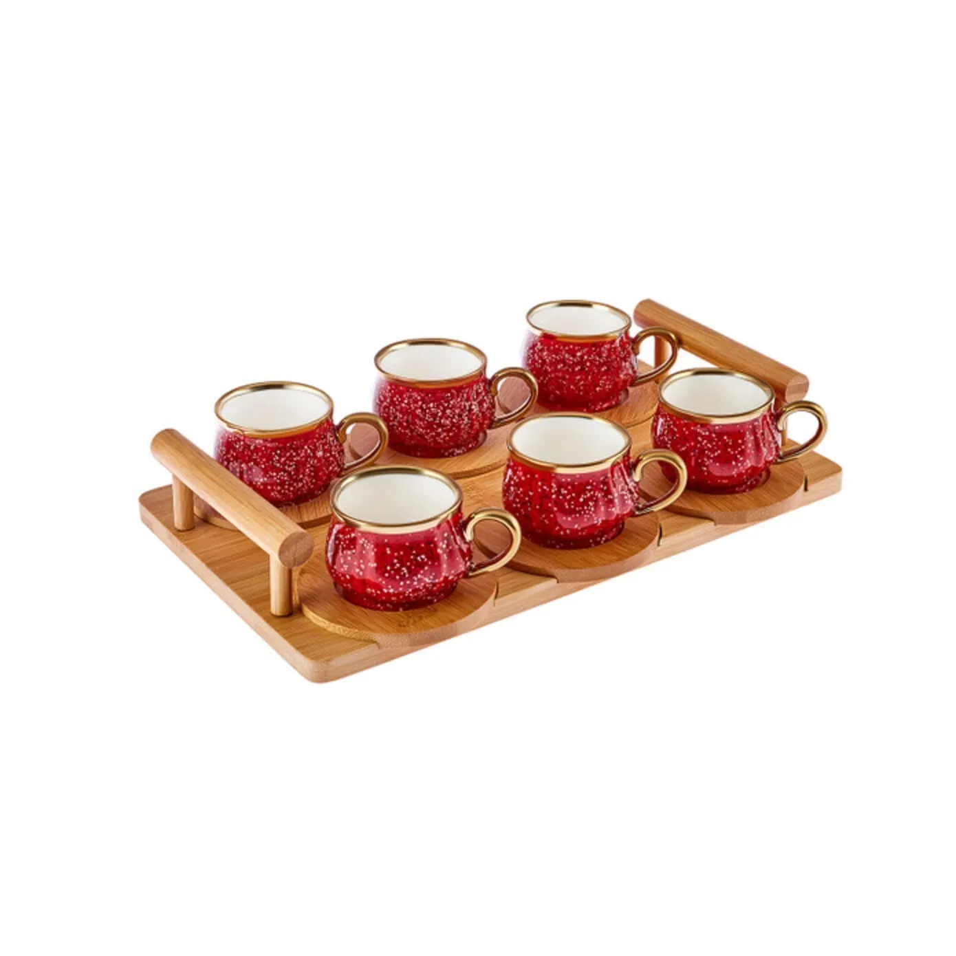 Coffret de tasses à café pour 6 personnes avec plateau en bambou Karaca, 90 ml, rouge