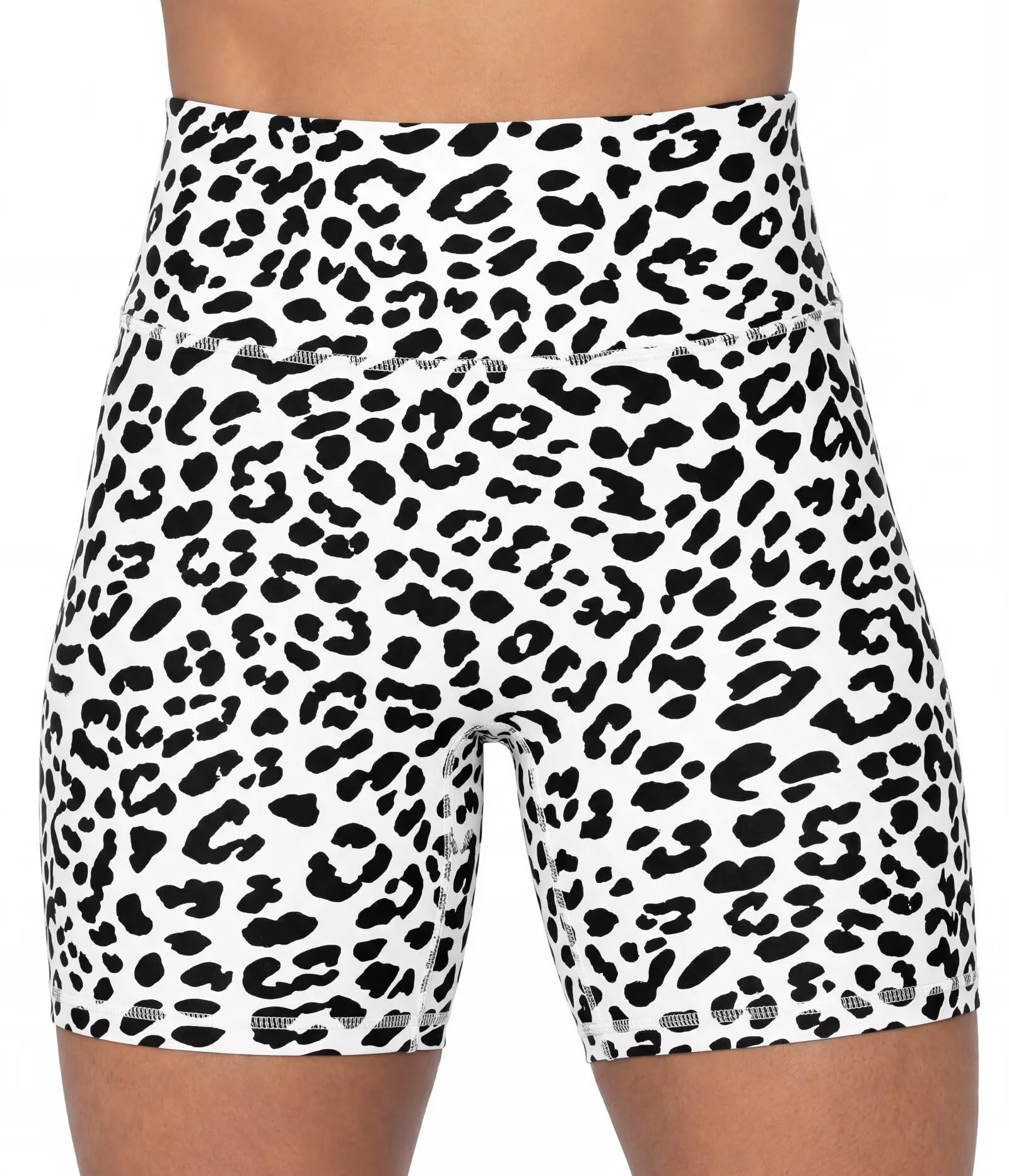 5" Waist Biker Shorts for Women No Front Seam Soft Yoga Workout Gym Bike Shorts Tummy Control Squat Proof Leopard White Medium