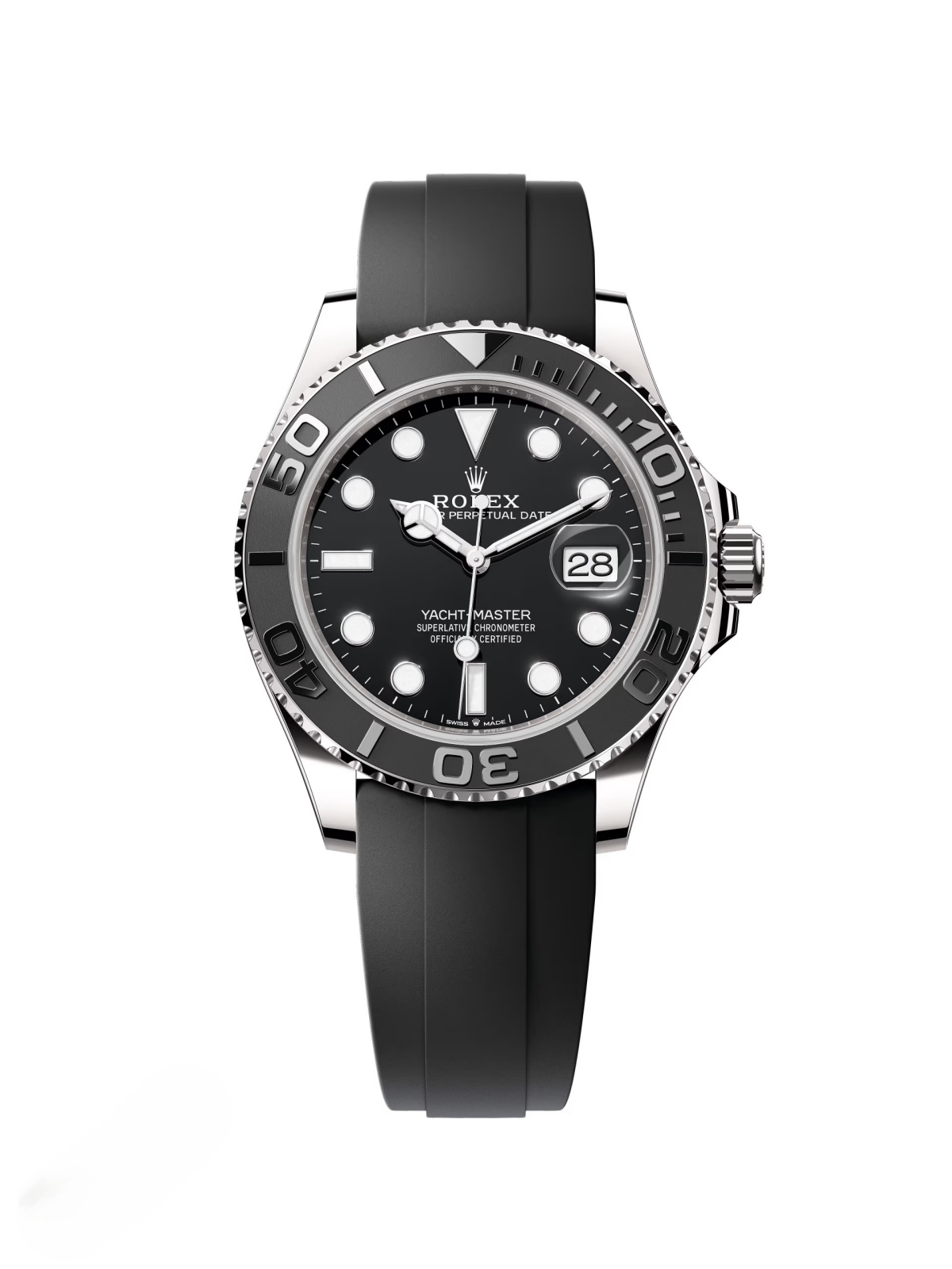 [2026 Mirror Grade]RLX White Gold Yacht-Master 42mm Watch - Black Dial - Rubber Strap (Ref # 226659)