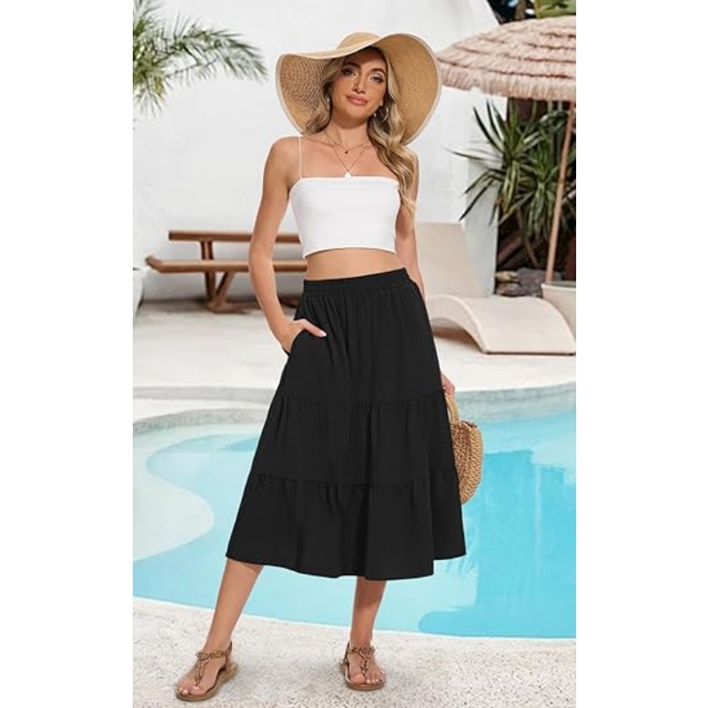 Women's Tiered Ruffle High Waist A‑Line Summer Midi Skirt