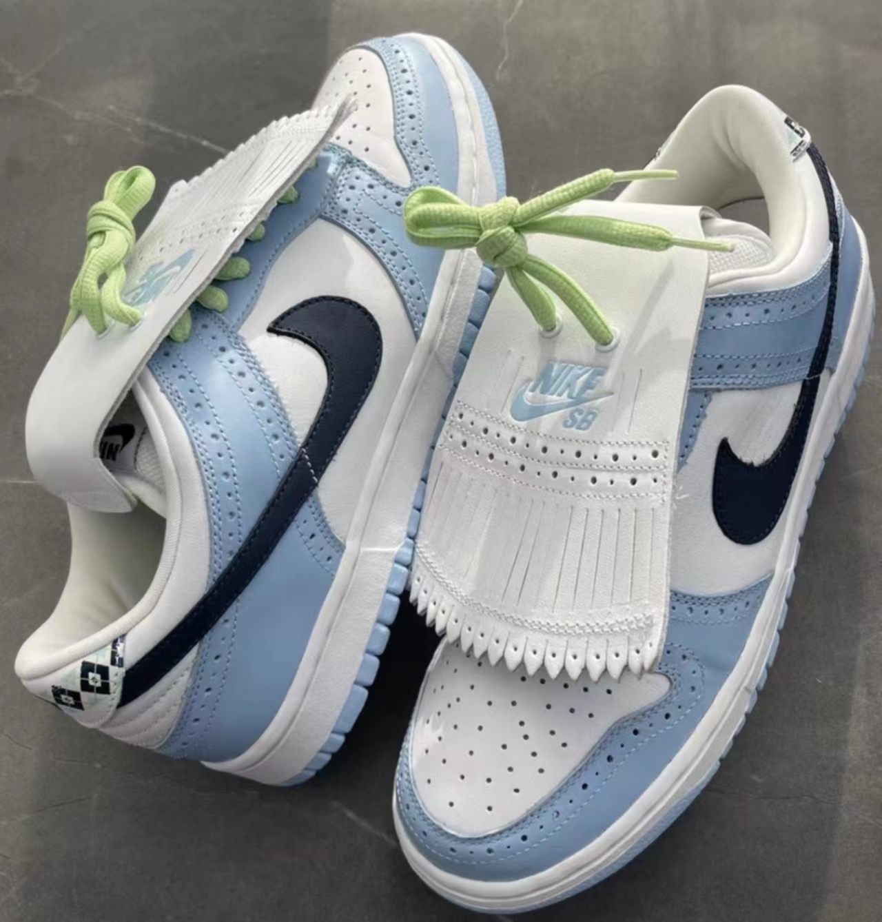 Nike Dunk Low White Light Blue Navy Brogue Green Laces