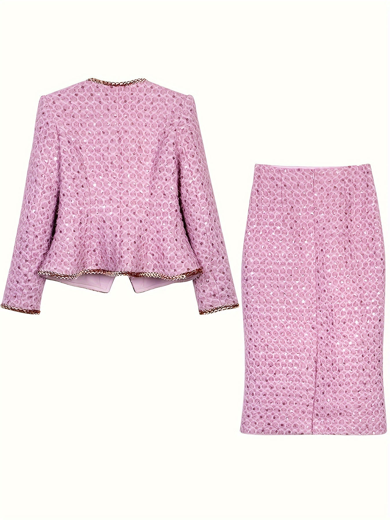 Elegant Peony Purple Sequin Coarse Tweed Two-Piece Set, Crew Neck Long Sleeve Geometric