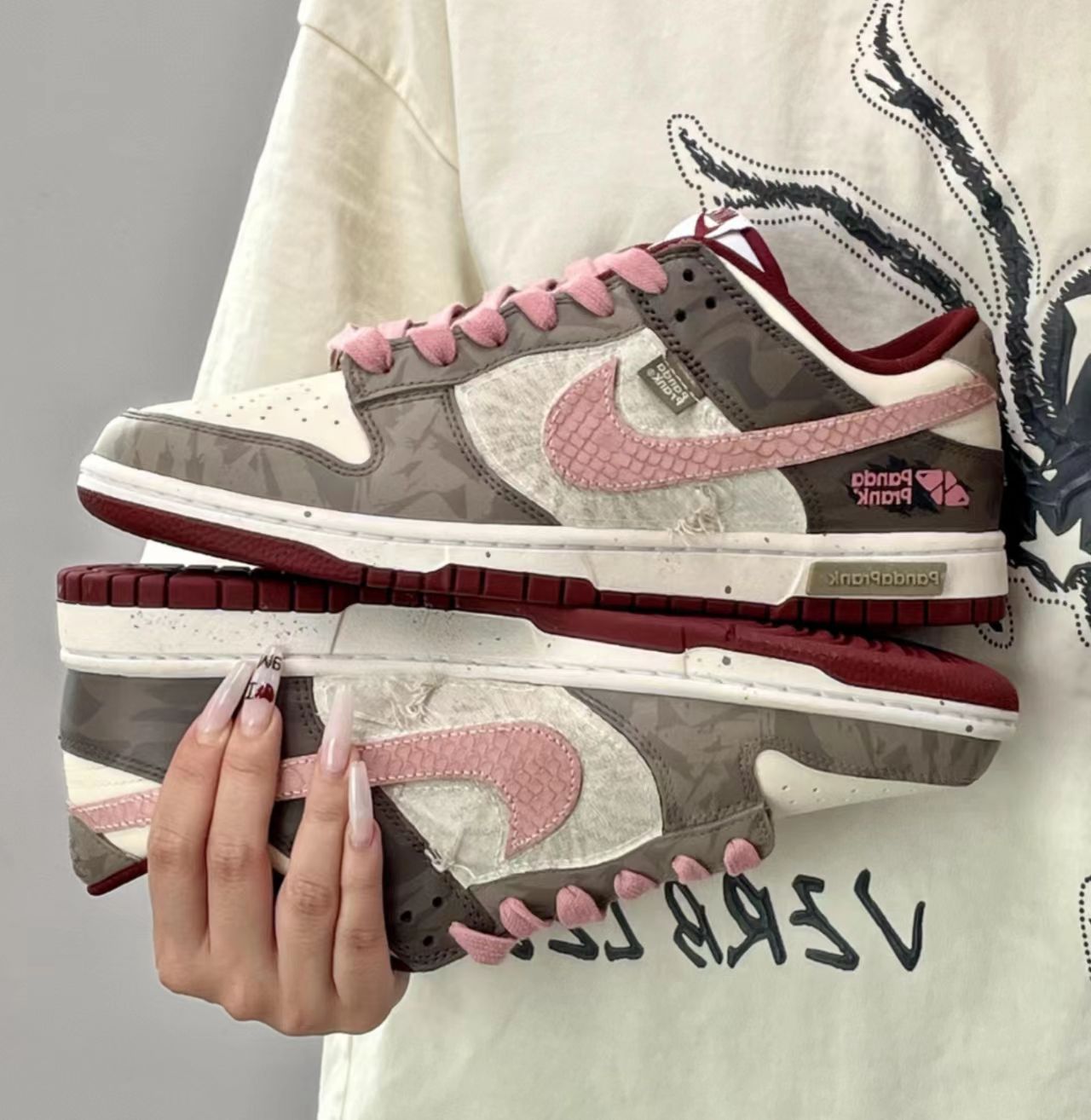 Nike Dunk Low Brown Monogram Print White Pale Pink Swoosh Dark Brown Outsole