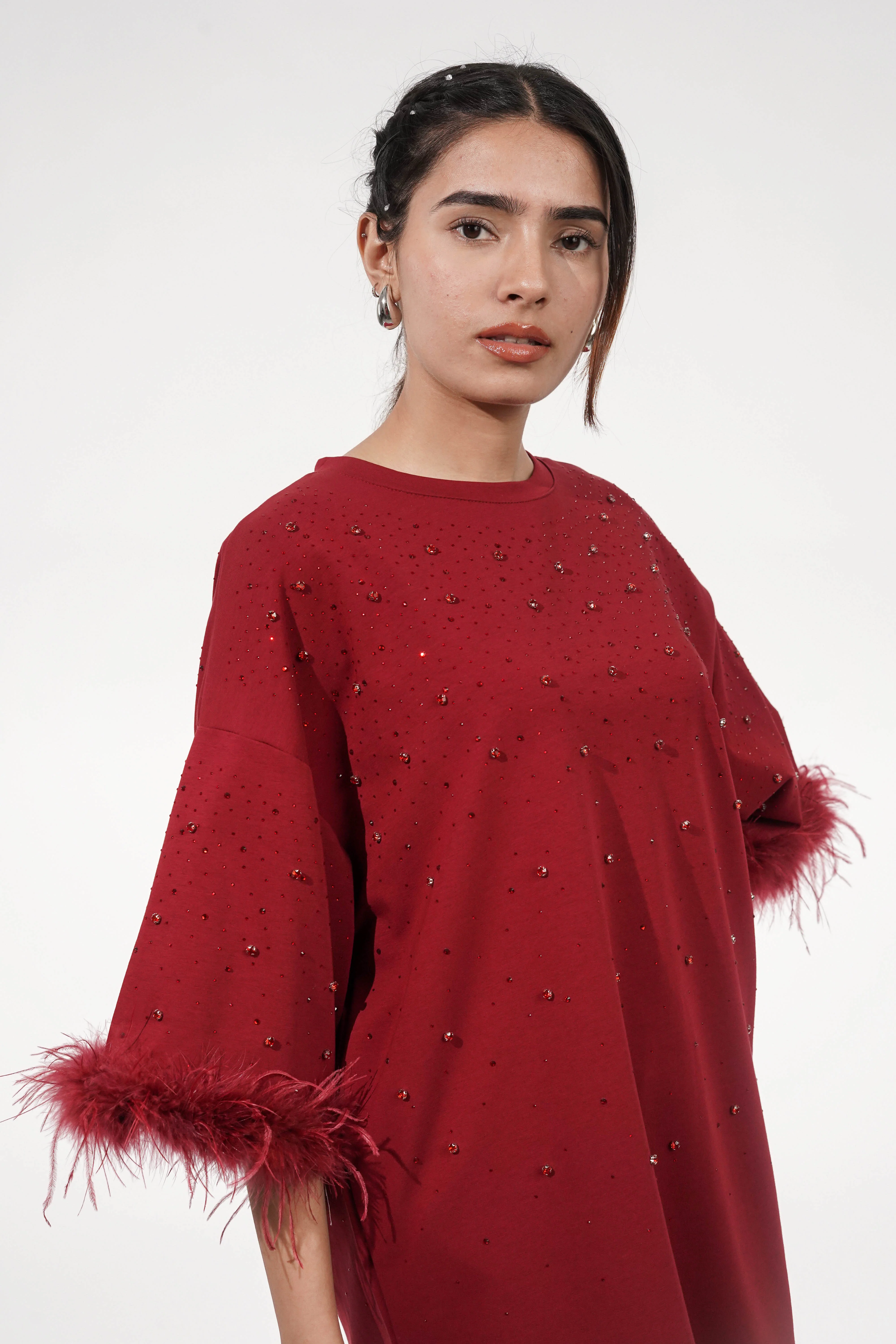 Amy Dark Red Feather Detail T-shirt