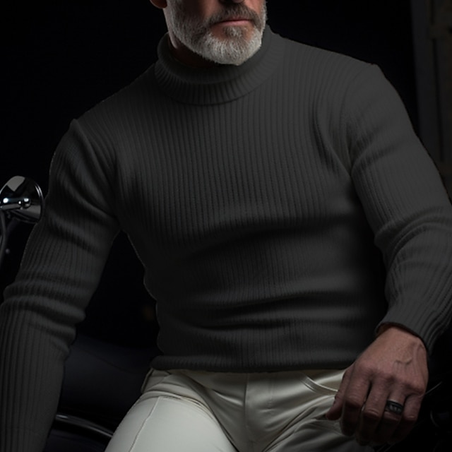 Men's Fashion Pullover Solid Turtleneck Long Sleeve Ribbed Knit Thermal Stretchy Sweater