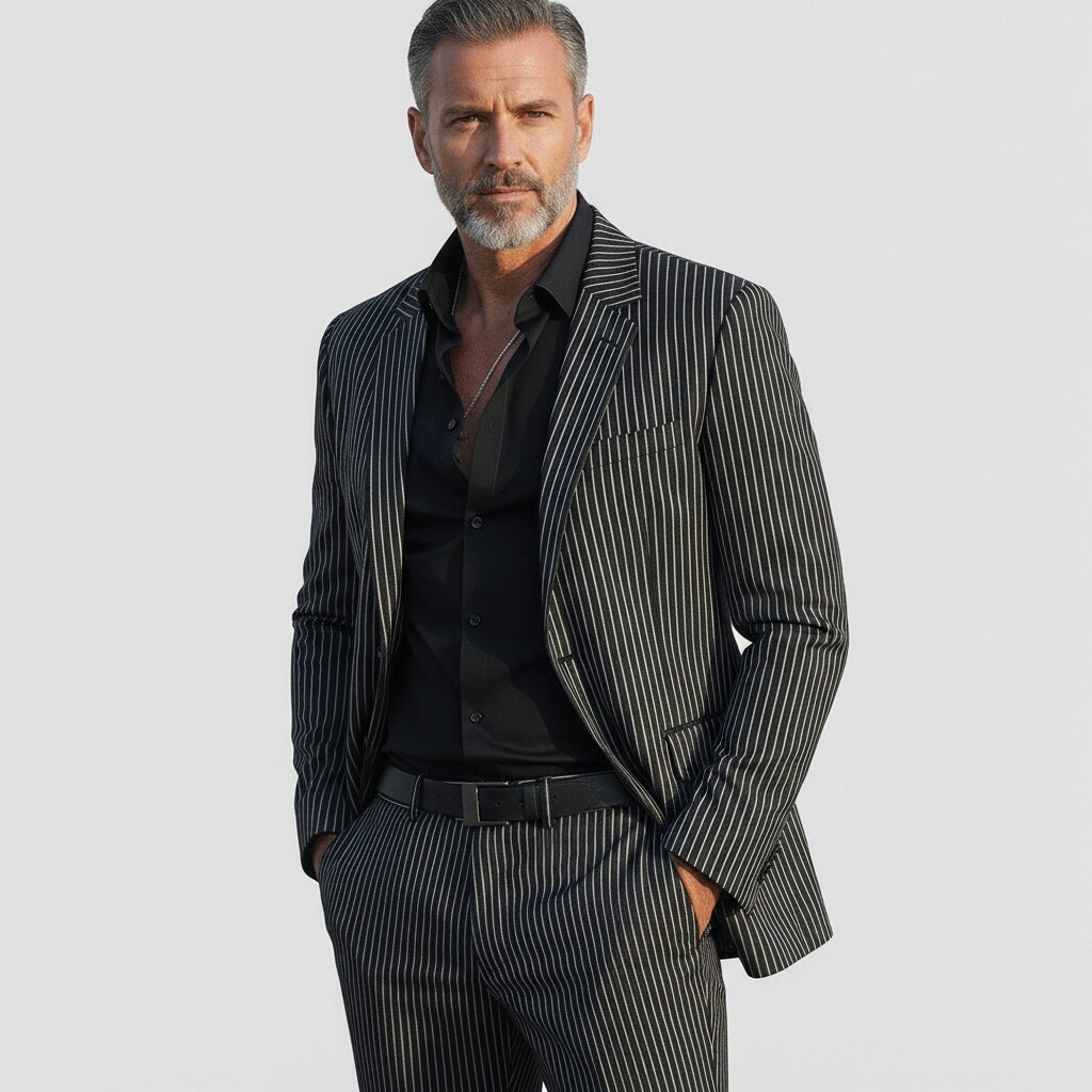 Men's Business Black Striped Notched Lapel One Button Long Sleeve Blazer