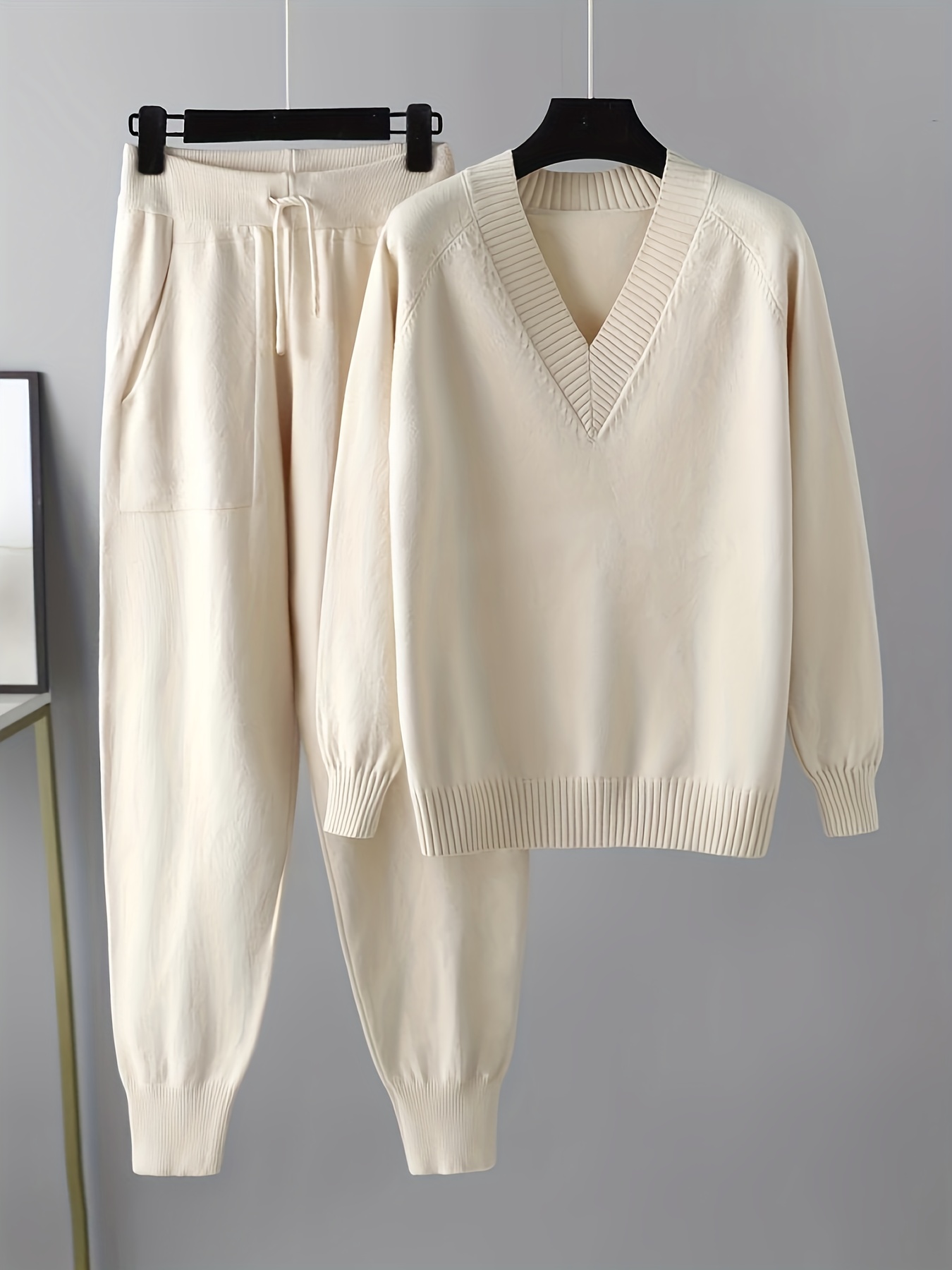 2pcs Women’s Knitwear Set, Casual V-Neck Long Sleeve Sweater and Pants, Solid Color, Comfort Fit