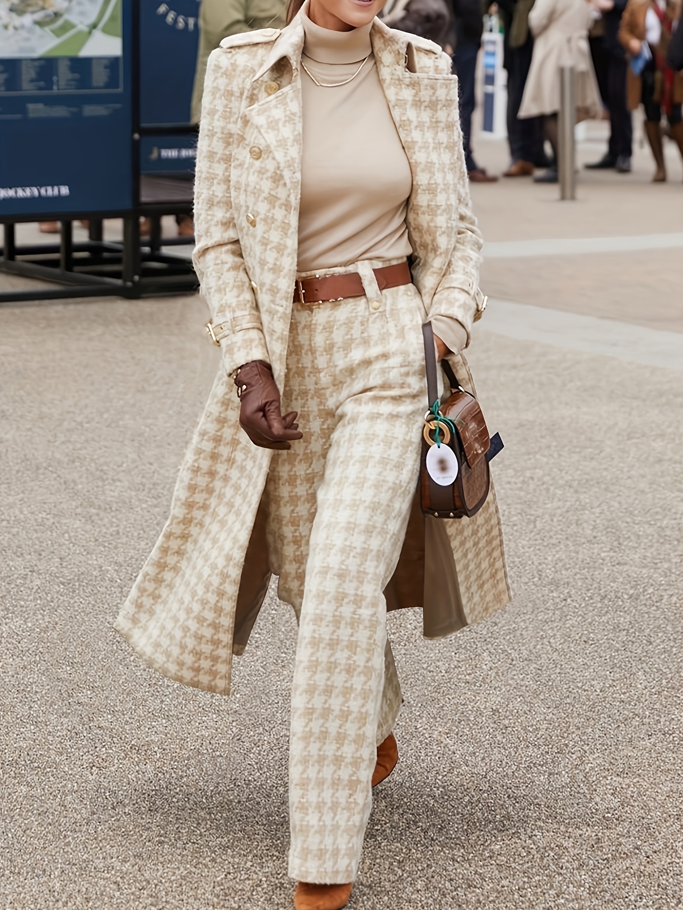 Elegant Houndstooth Check Trench Coat and Suit Set for Women
