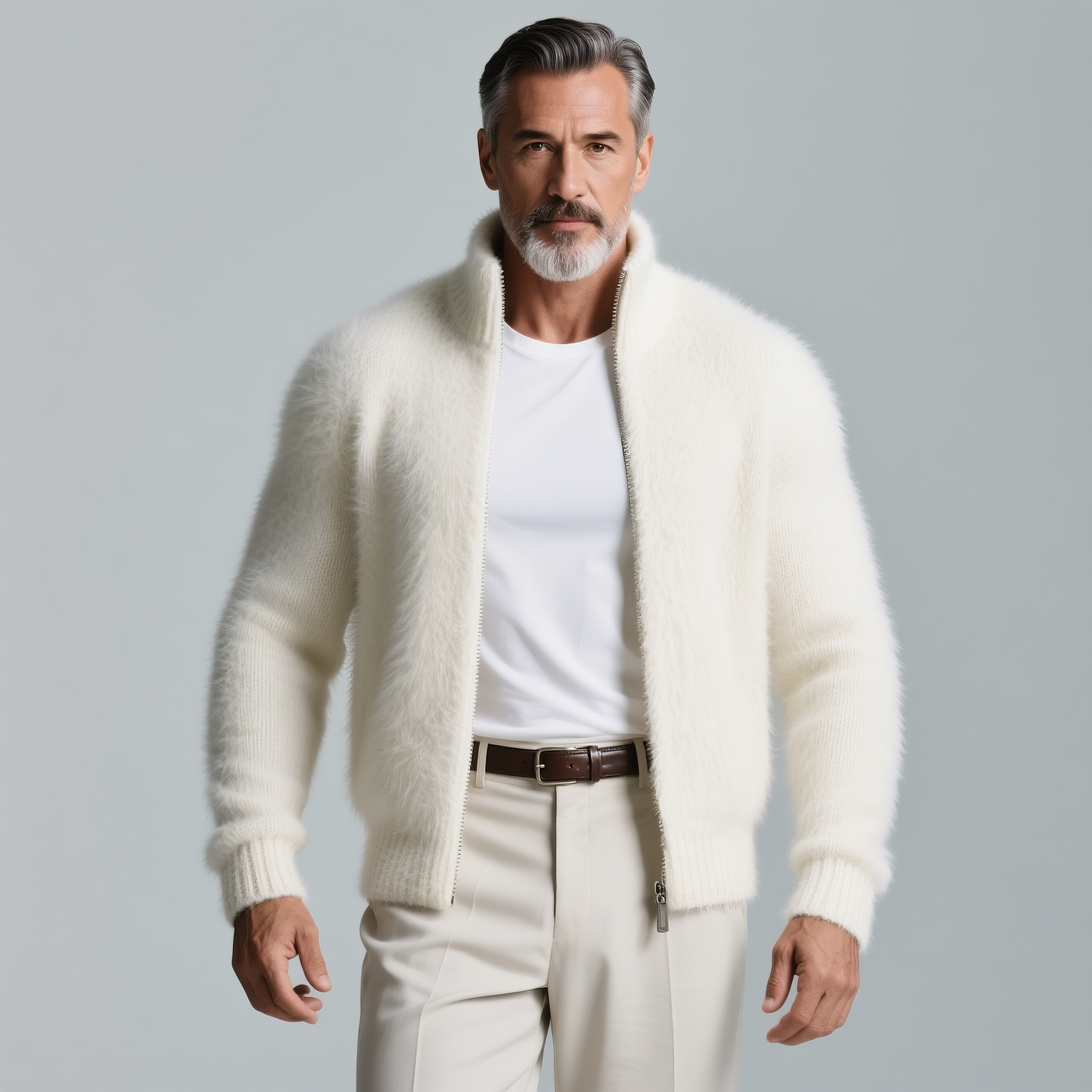 Men's High Neck Long Sleeve Zip-Up Plush Knitted Sweater Jacket