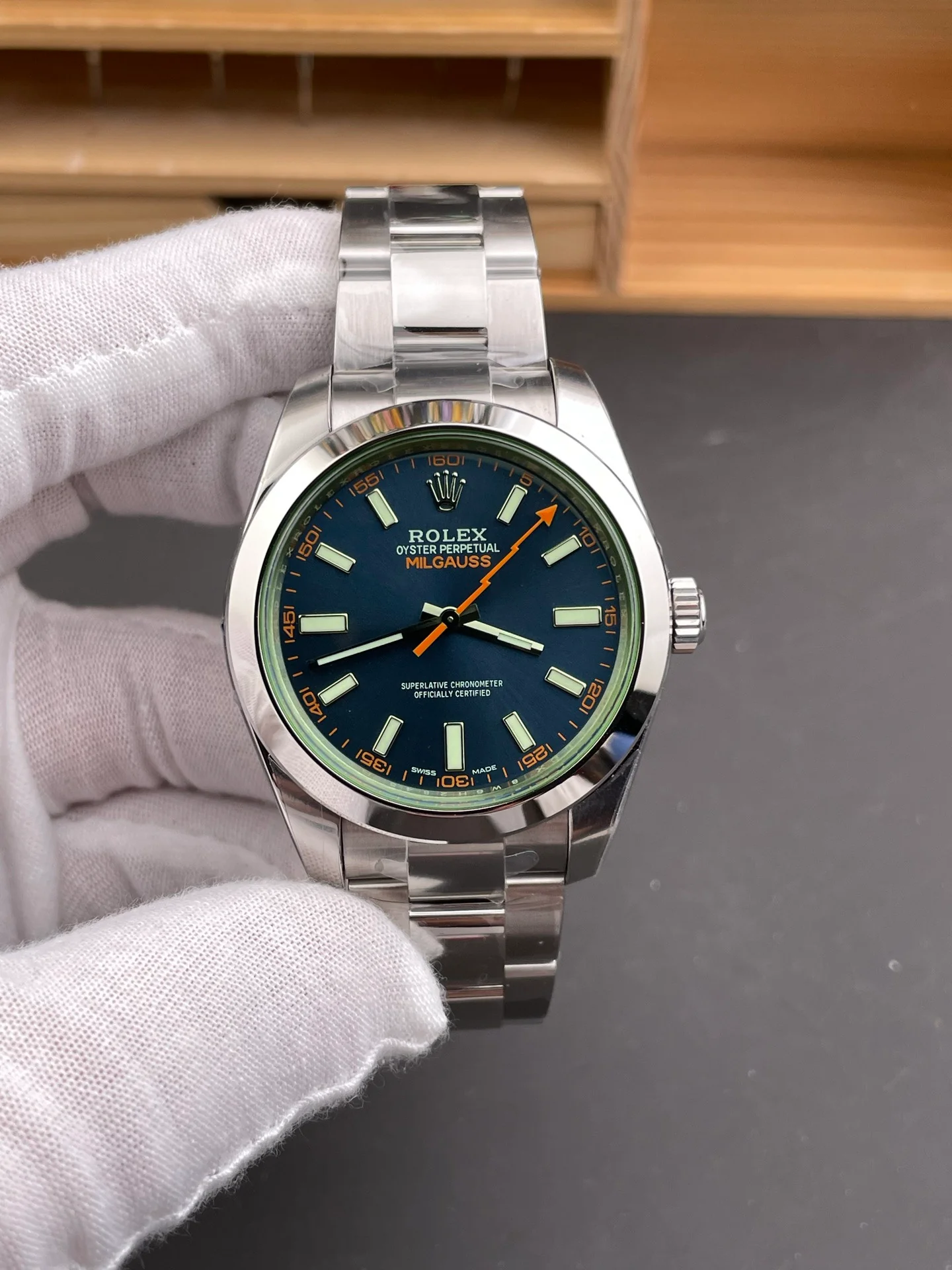 Green Glass Milgauss Blue Dial