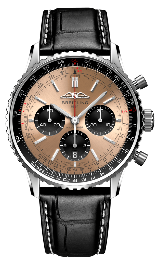 [2026 Mirror Grade]Breitling Navitimer B01 Chronograph 46 Brown Dial Black Leather Strap Watch For Men - AB0138241K1P1