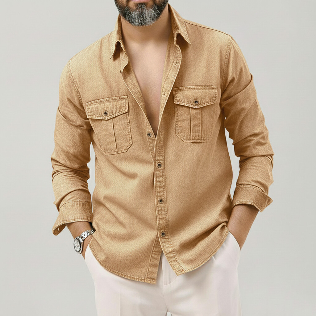 Men's Casual Single Breasted Chest Pocket Long Sleeve Shirt