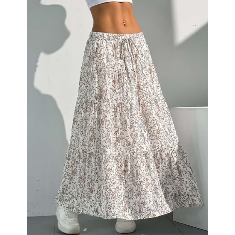Women's Boho Flowy White High Waist Maxi Skirt with Ruffle & Elastic Waist