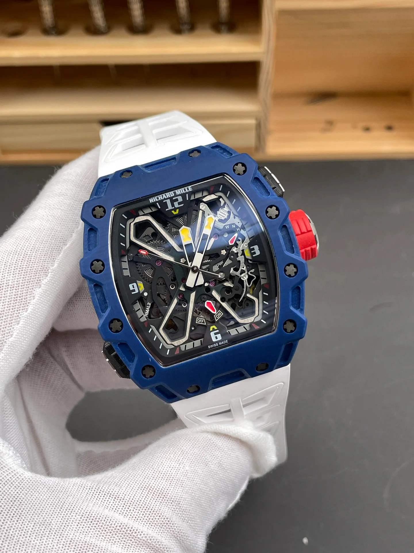 RM35-03 Carbon Fiber Blue Case White Strap