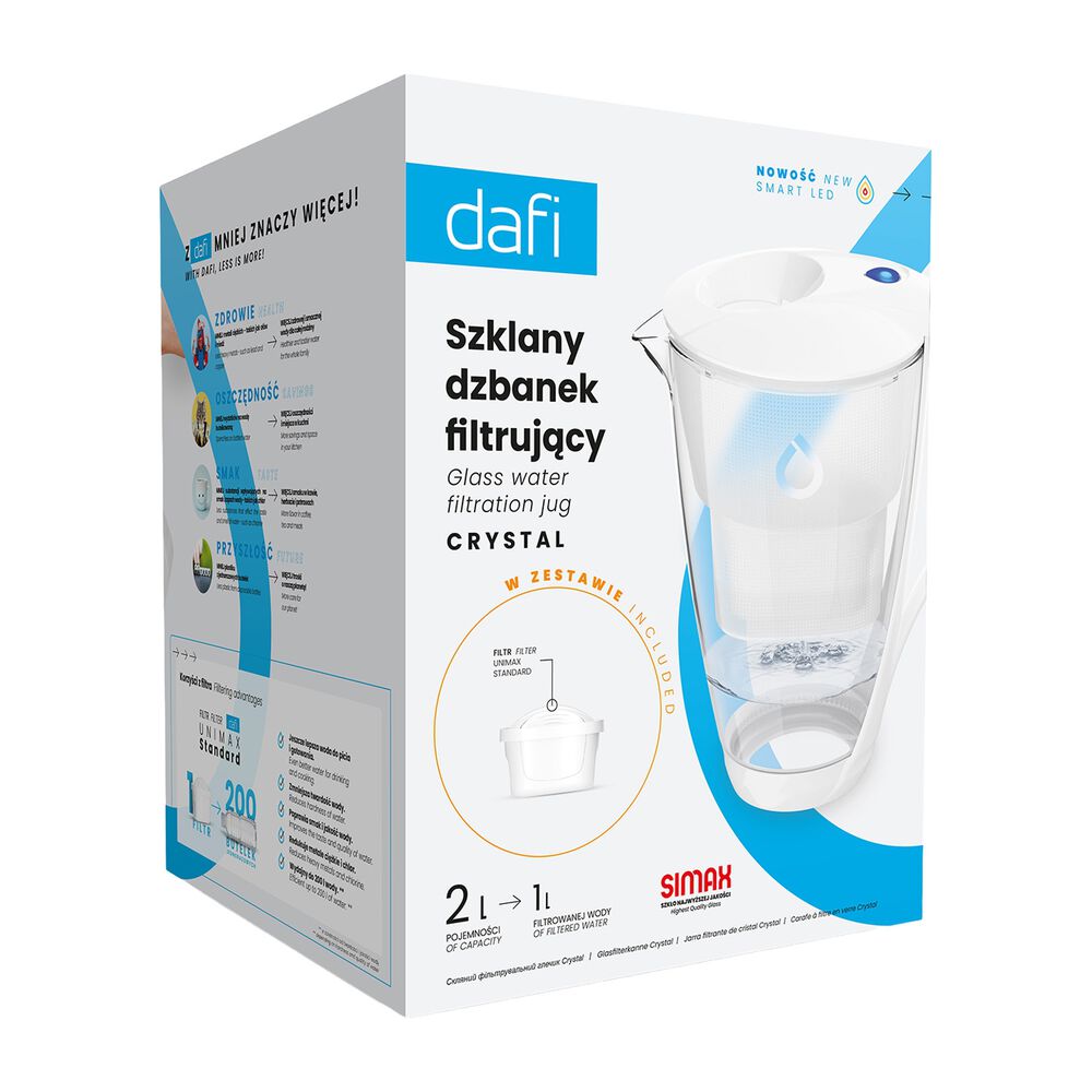 DAFI Dzbanek filtrujący szklany Dafi Crystal LED, 2 l, wkład filtrujący Standard Unimax, biały