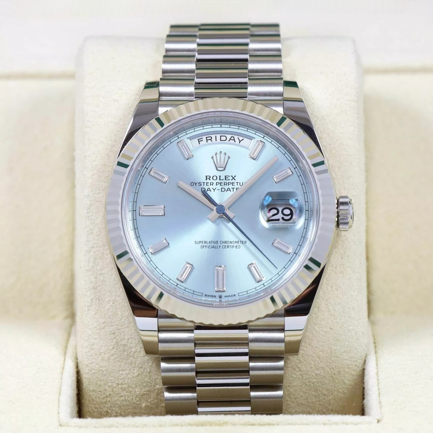 [2026 Mirror Grade]RLX  Day-Date President 40mm Platinum Ice Blue Baguette Dial - 228236