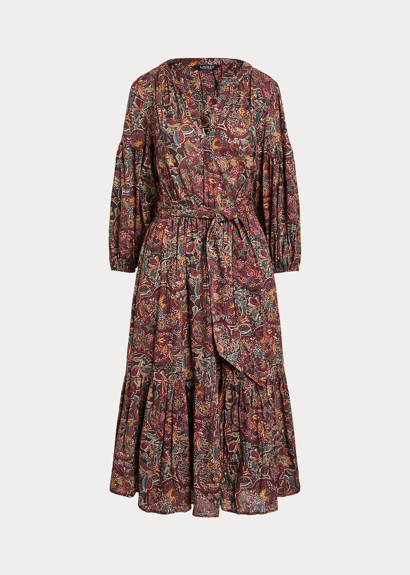 Floral Belted Cotton Voile Tiered Dress