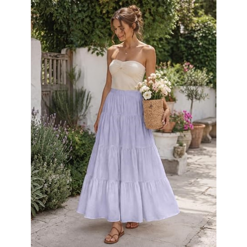 Women's White Boho High Waist Maxi Skirt, Pleated Tiered A‑Line