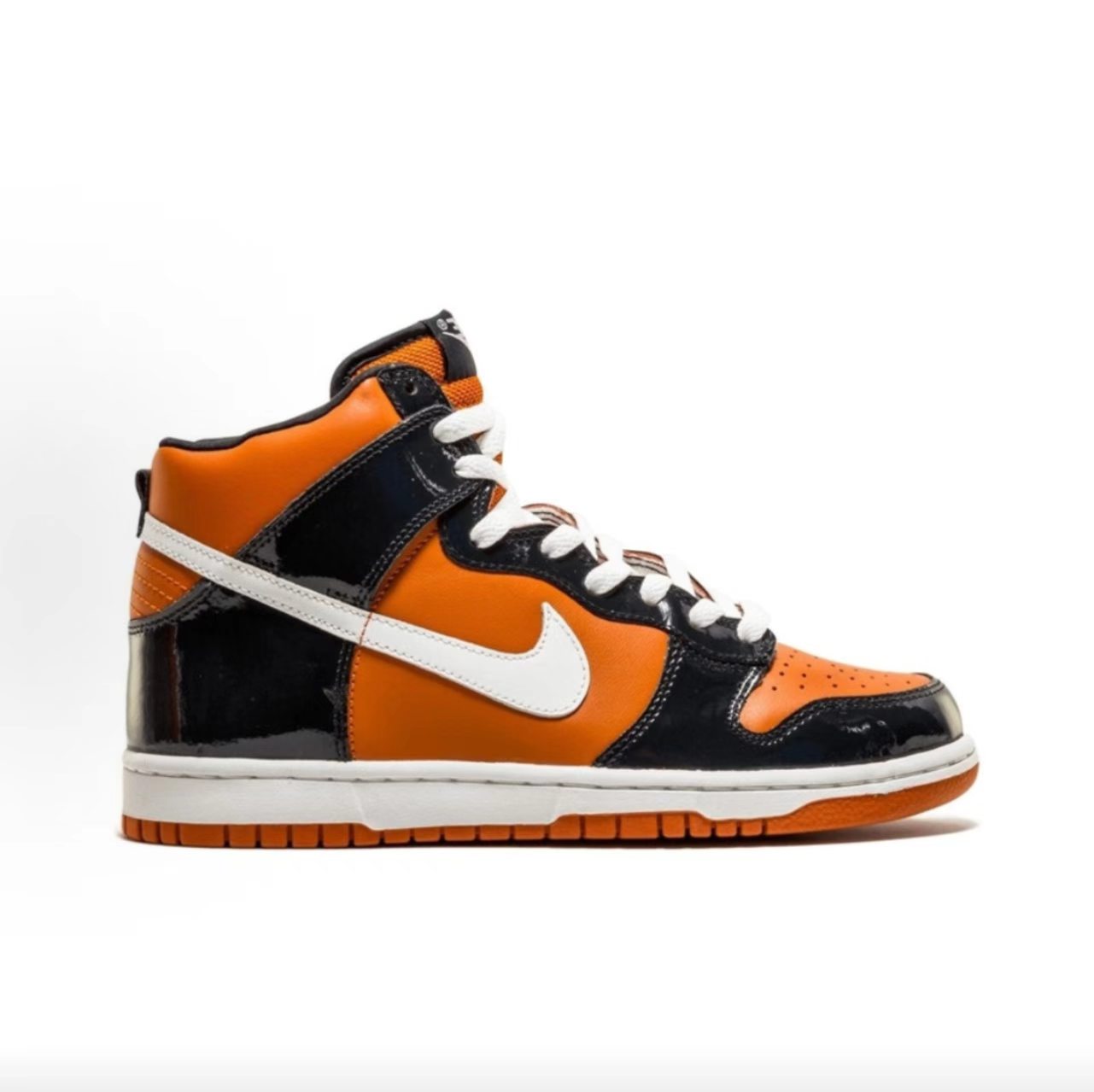 Nike Dunk High Orange Patent Black Leather White Swoosh Orange Outsole