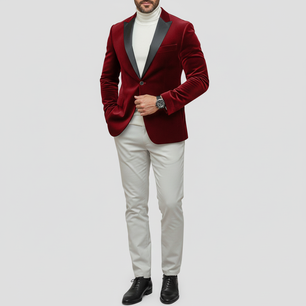 Men's Business Velvet Peak Lapel One Button Long Sleeve Blazers