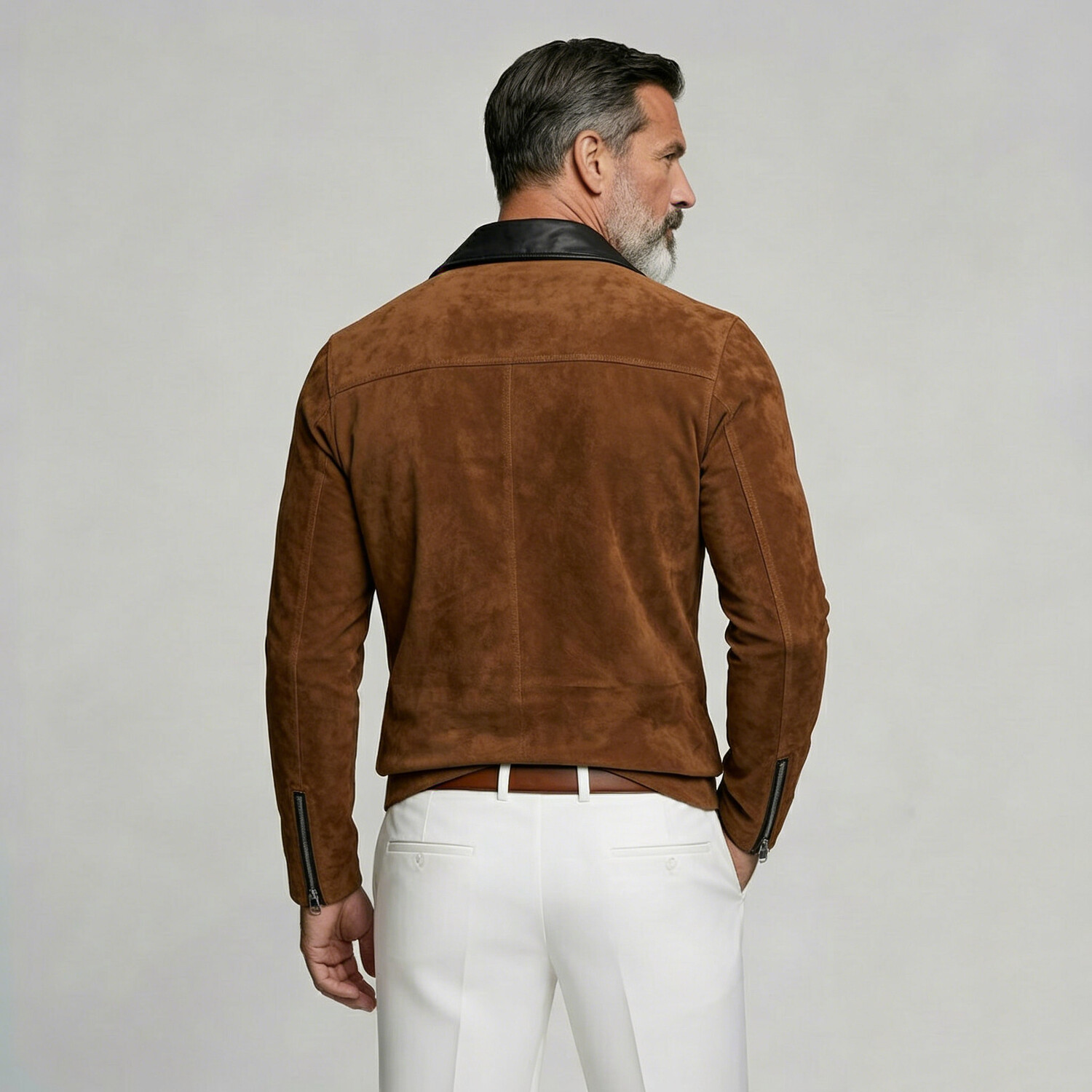 Men's Suede Patchwork PU Leather Contrast Lapel Collar Long Sleeve Shirt