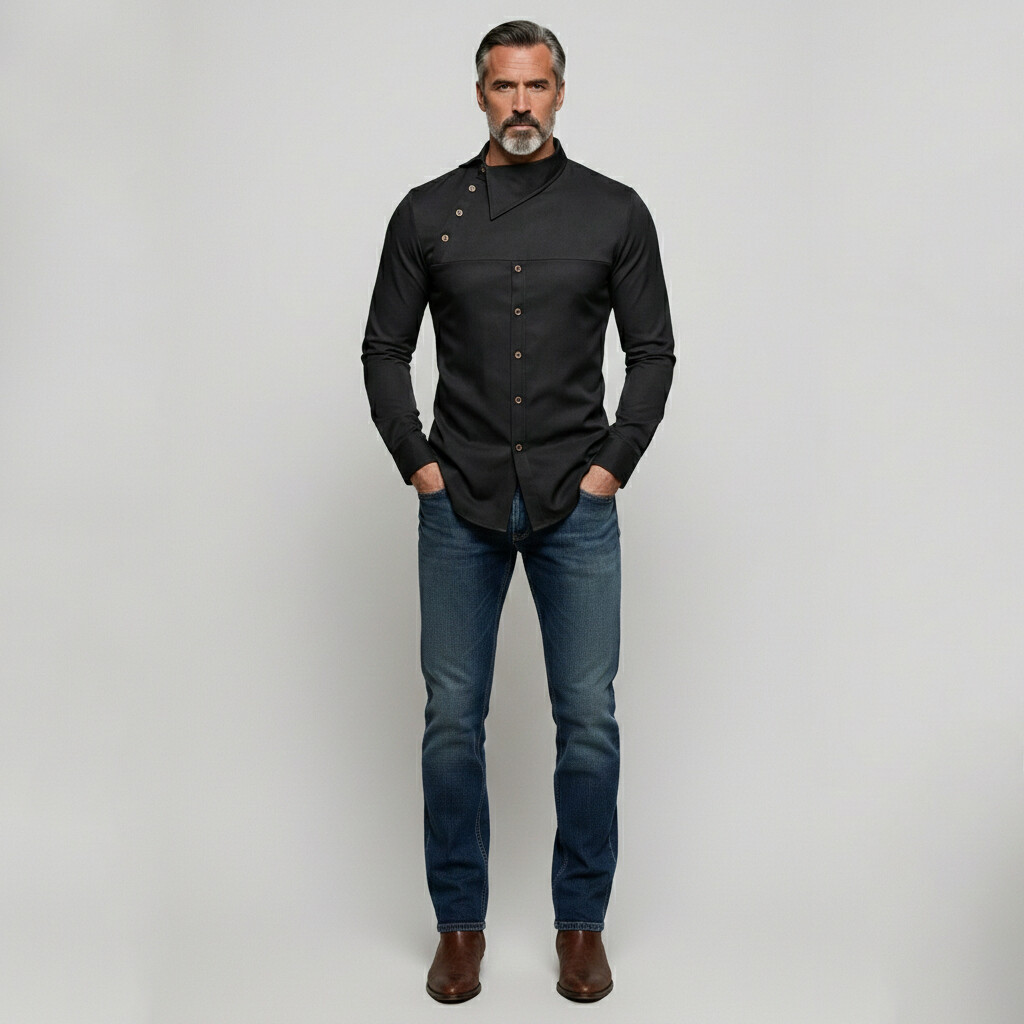 Men's Casual Solid Shirt Collar Asymmetrical Buttons Long Sleeve Shirts