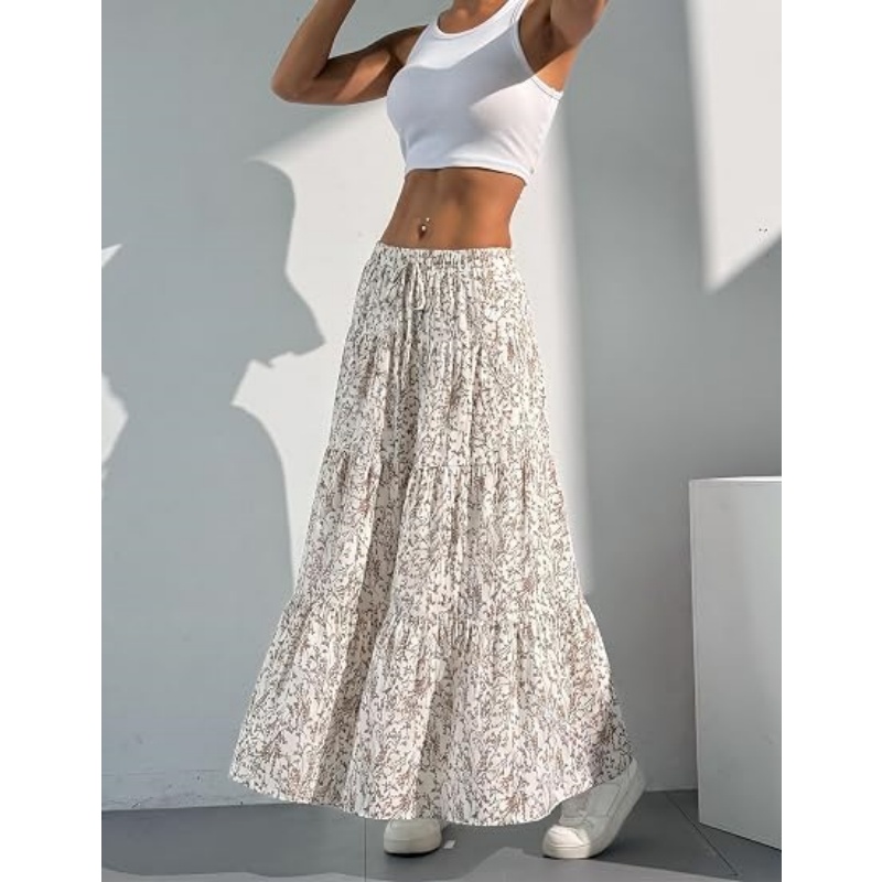 Women's Boho Flowy White High Waist Maxi Skirt with Ruffle & Elastic Waist