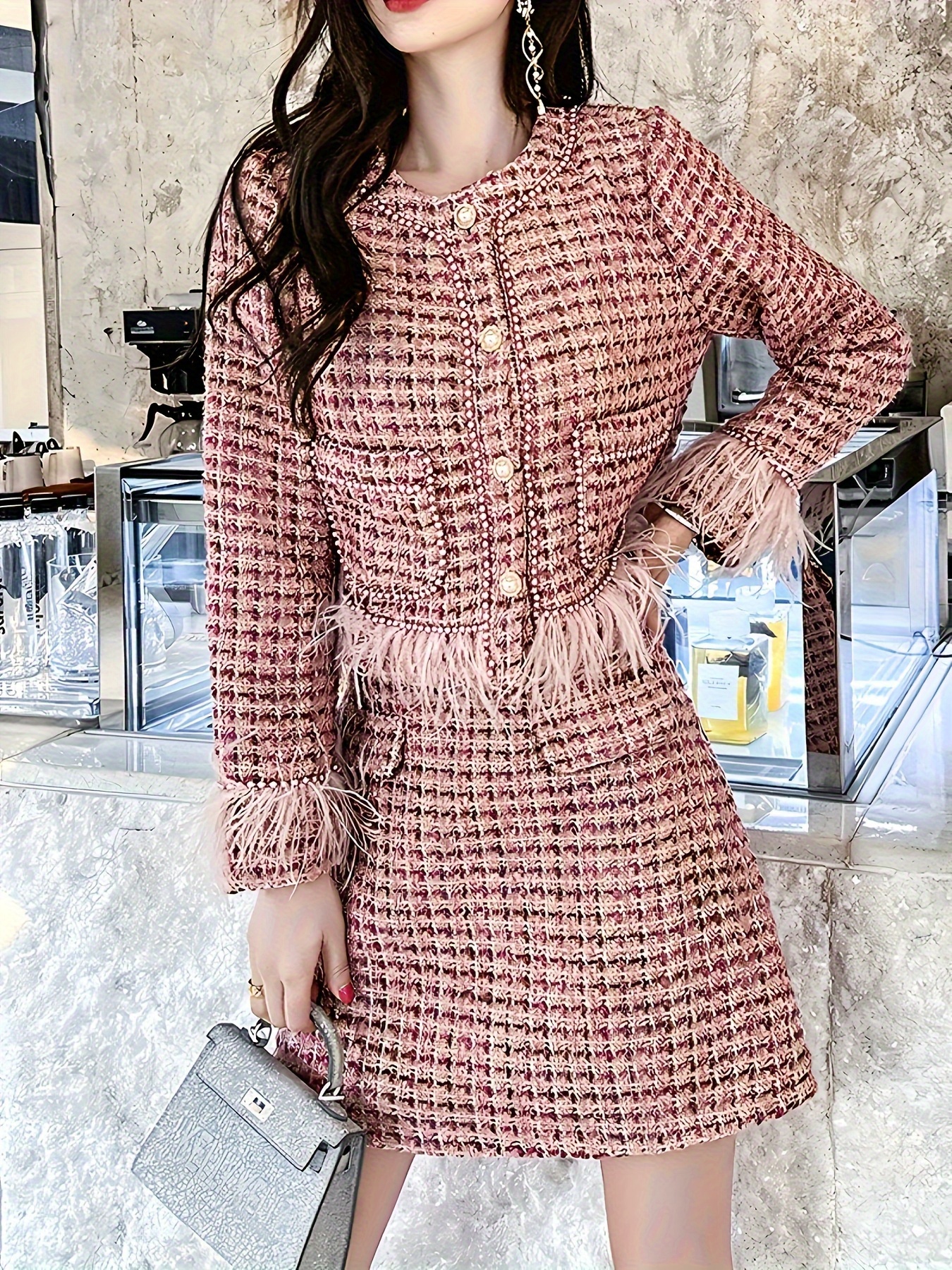 Elegant Feather & Beaded Detail Women’s Suit – Chic Round Neck Jacket with Plaid Skirt Set