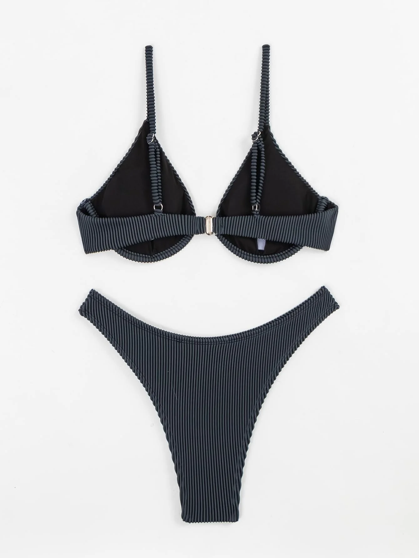 Women Underwire Triangle Bikini Spaghetti Strap Push Up Swimsuit Cheeky Two Piece Bathing Suit Grey S